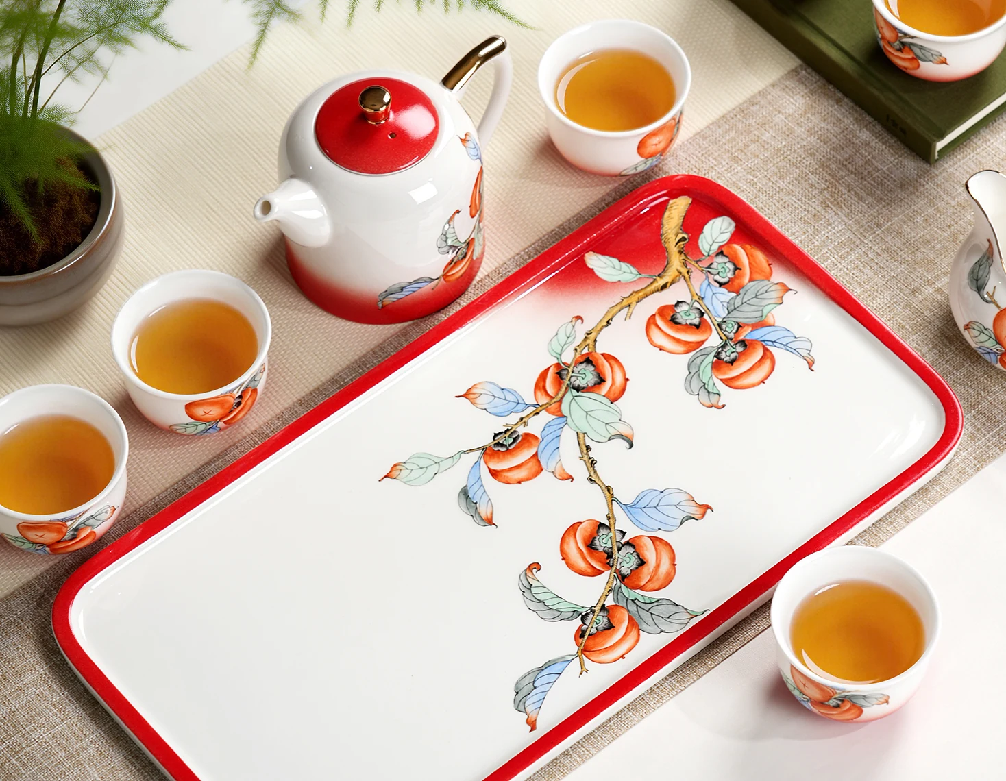 Auspicious Persimmons Hand-Painted Tea Set — view 2